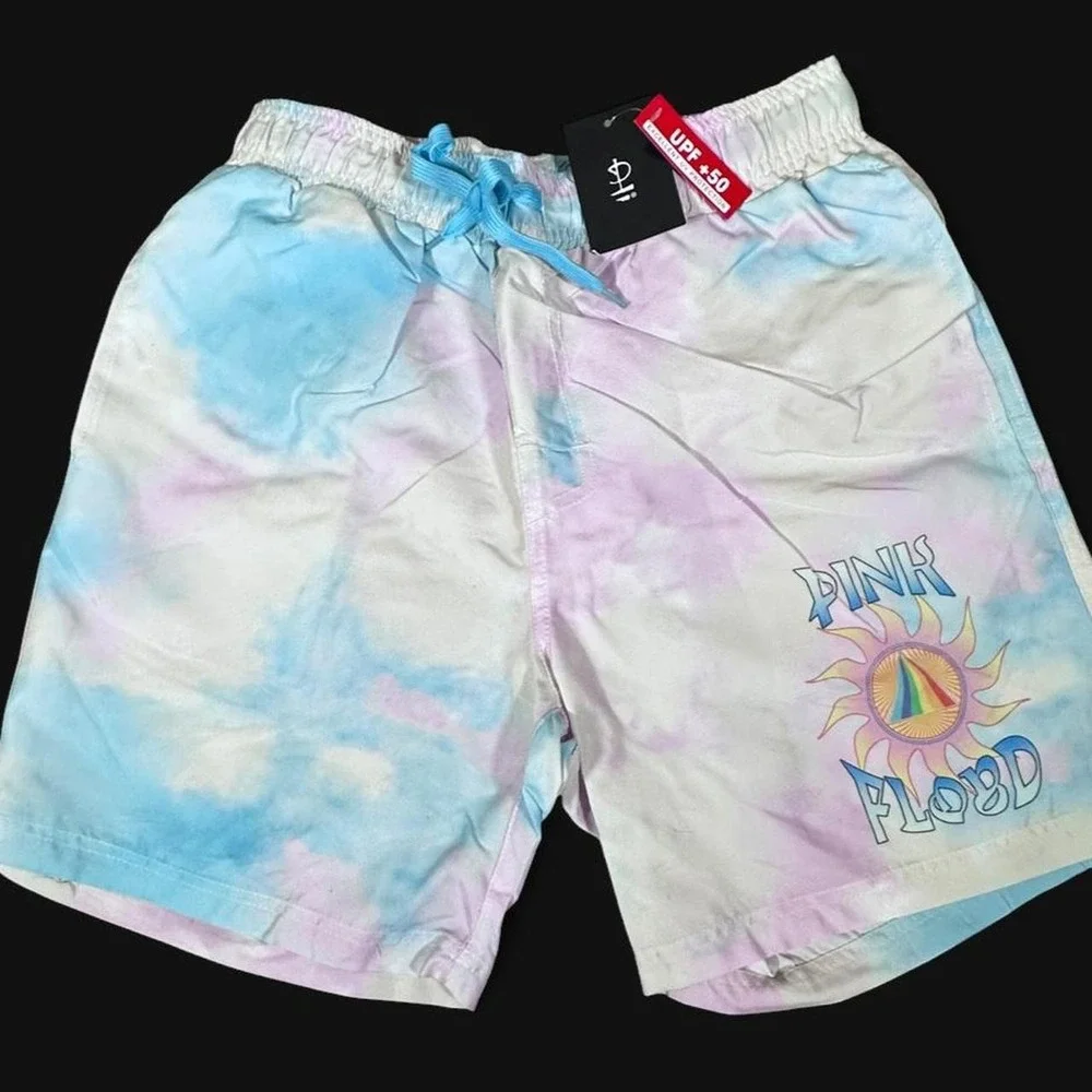 Pink Floyd Tie Dye Swim Trunks Mens Medium Pastel Sun Prism Graphic Board Shorts